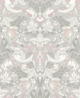 Fragaria Garden wallpaper in light grey and rose petal with birds, strawberries, and floral vines in a vintage motif.