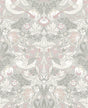Fragaria Garden wallpaper in light grey and rose petal with birds, strawberries, and floral vines in a vintage motif.