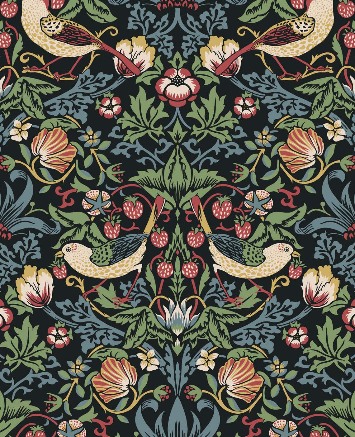Fragaria Garden wallpaper in Ebony featuring vintage birds, strawberries, and floral vines