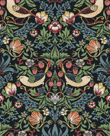 Fragaria Garden wallpaper in Ebony featuring vintage birds, strawberries, and floral vines
