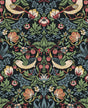 Fragaria Garden wallpaper in Ebony featuring vintage birds, strawberries, and floral vines