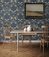 Fragaria Garden Navy Blue & Aloe by Legacy Prints Vintage Bird & Strawberry Wallpaper – Etten Studios ET11212
