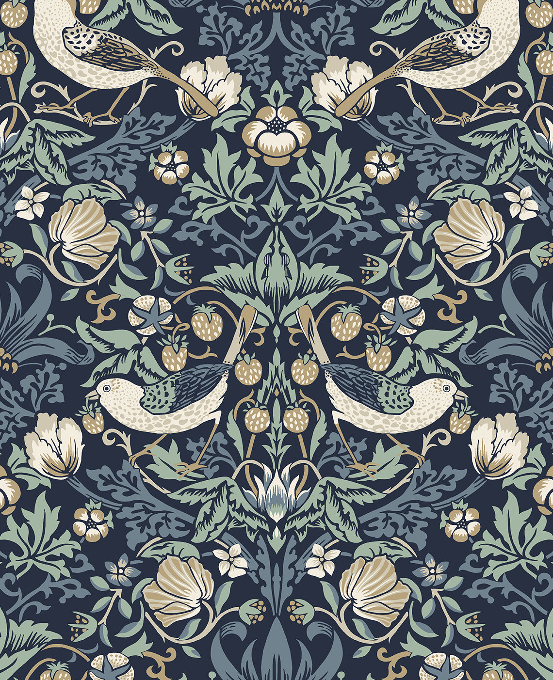 Fragaria Garden wallpaper pattern in navy with aloe green foliage, birds, flowers and strawberries