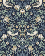 Fragaria Garden wallpaper pattern in navy with aloe green foliage, birds, flowers and strawberries
