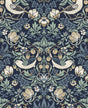 Fragaria Garden wallpaper pattern in navy with aloe green foliage, birds, flowers and strawberries