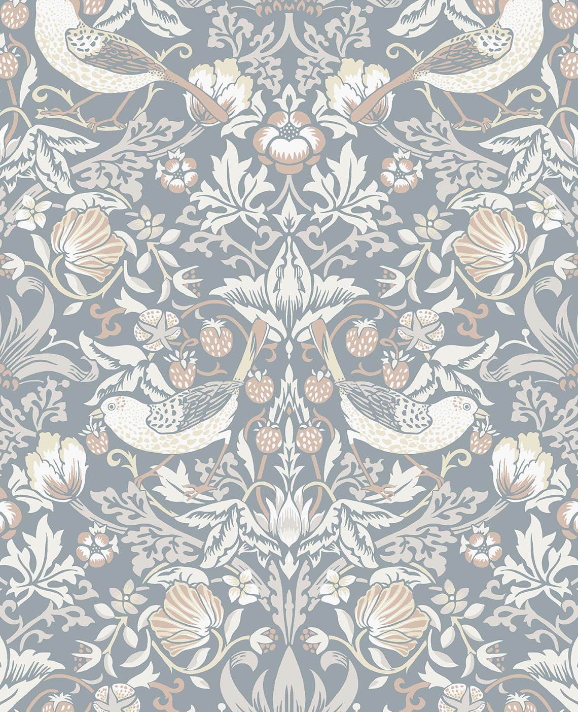 Fragaria Garden wallpaper in Blue Mist & Blush featuring a vintage-style bird and floral motif
