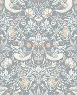 Fragaria Garden wallpaper in Blue Mist & Blush featuring a vintage-style bird and floral motif