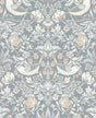 Fragaria Garden wallpaper in Blue Mist & Blush featuring a vintage-style bird and floral motif
