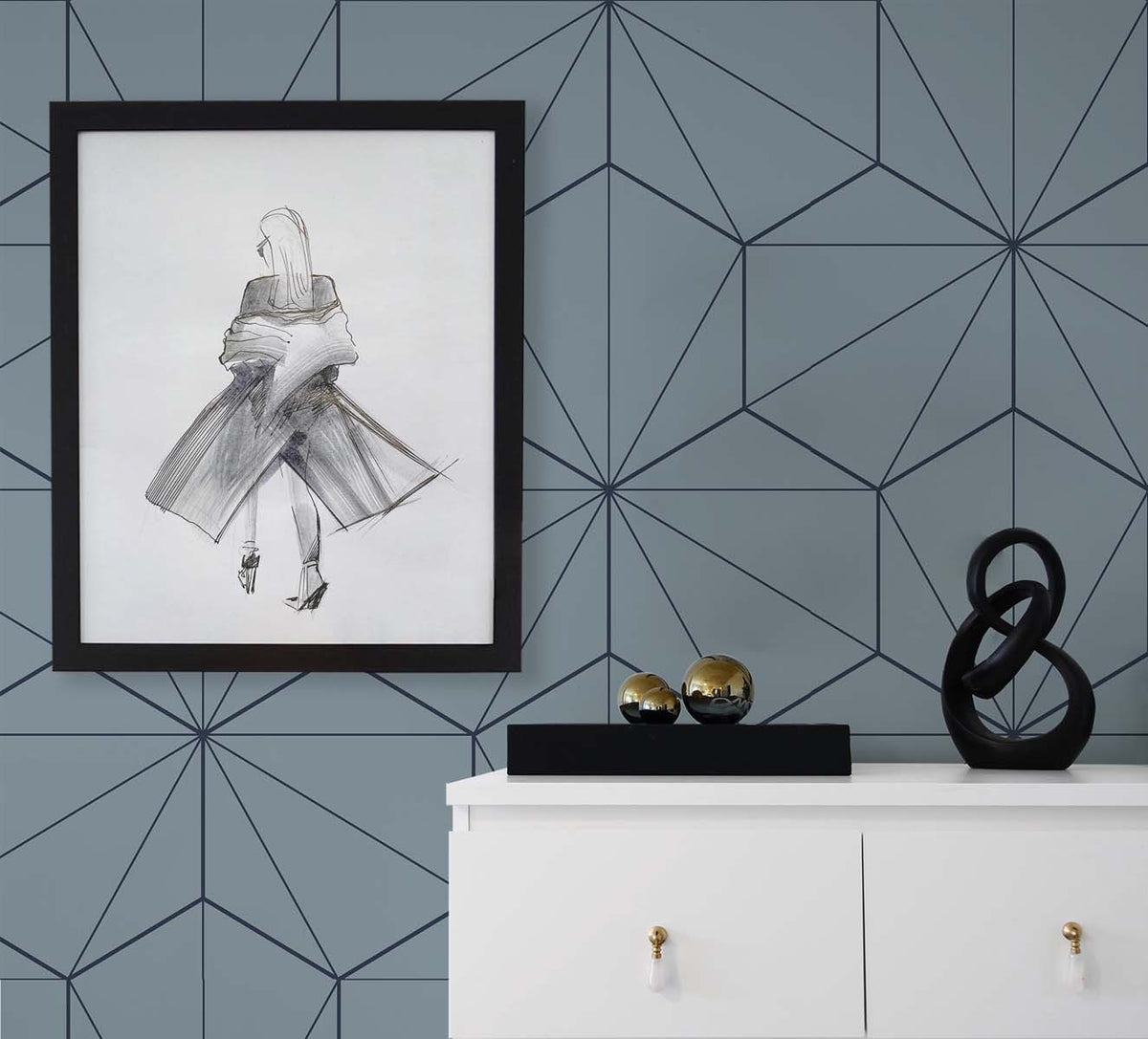 Hedron Geometric Pastel Blue & Midnight by Etten Studios Online Matte Geometric Wallpaper – Etten Studios ET11302-Sample