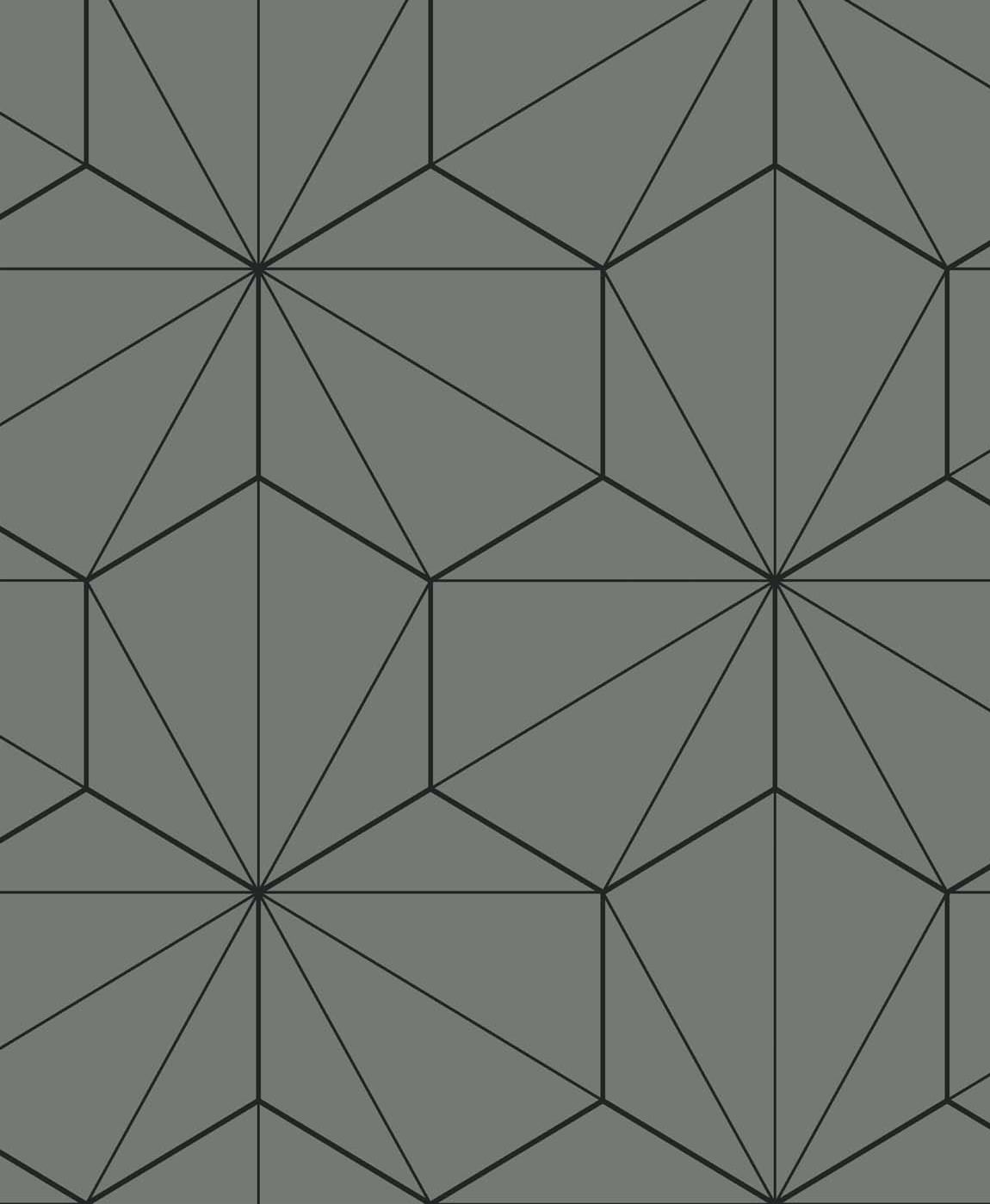 Matte grey geometric wallpaper with thin black faceted lines and starburst intersections (Pavestone & Ebony).