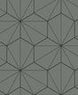 Matte grey geometric wallpaper with thin black faceted lines and starburst intersections (Pavestone & Ebony).