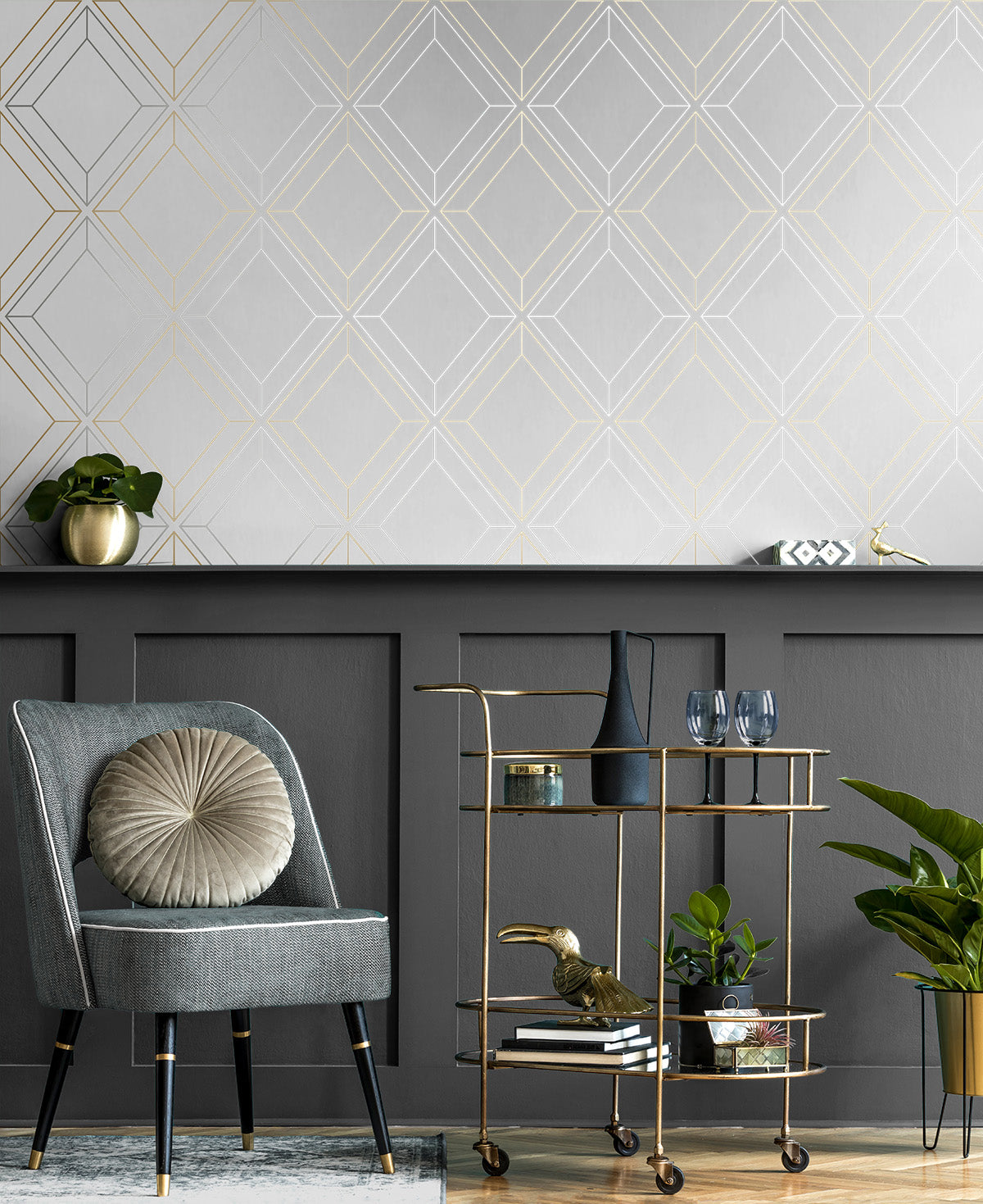 Linework Gem Metallic Silver & Gold by Etten Studios Geometric Wallpaper – Etten Studios ET11608