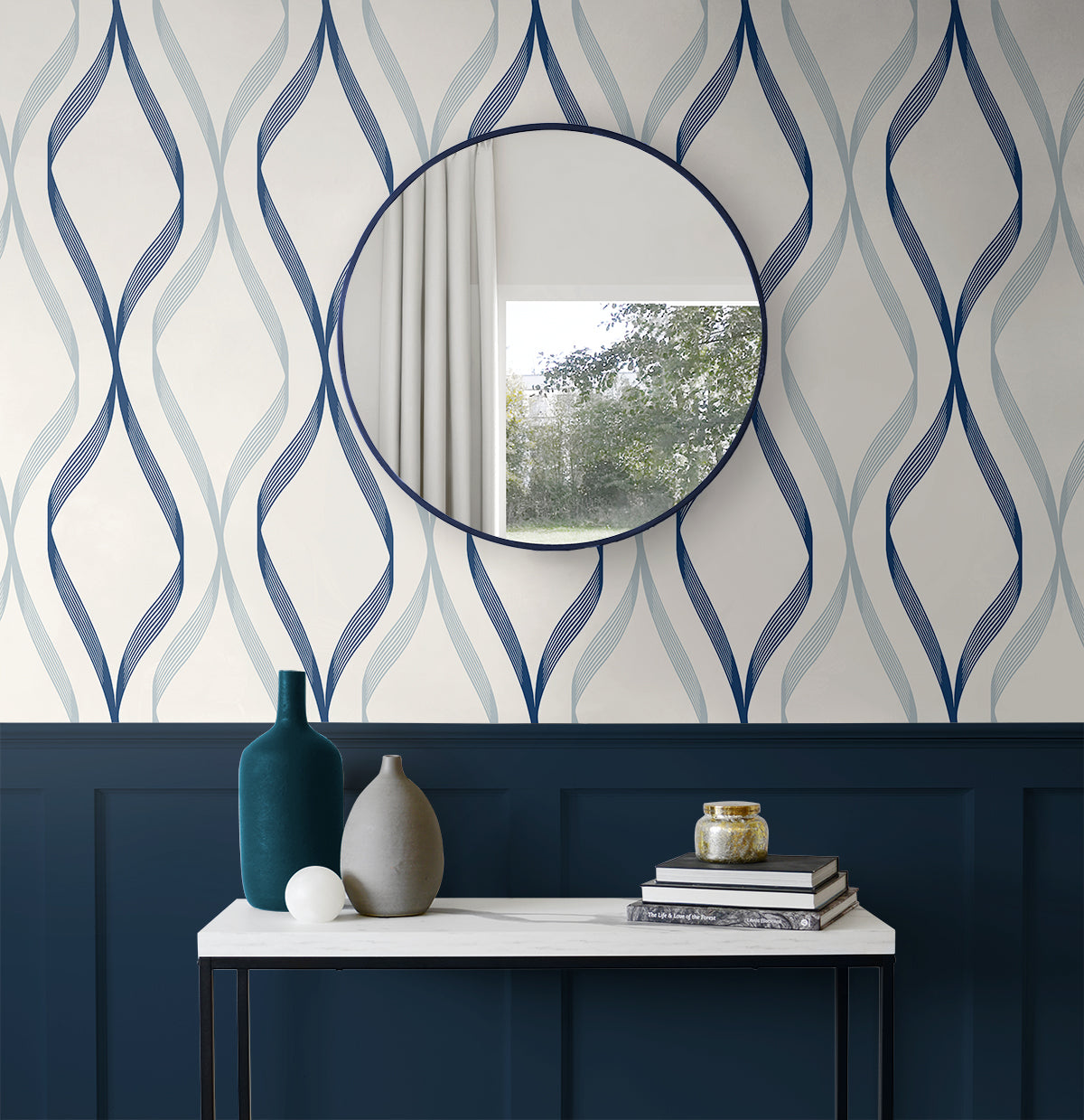 Wave Ogee Celtic Blue & Dewdrop by Etten Studios Geometric Wallpaper – Etten Studios ET11802