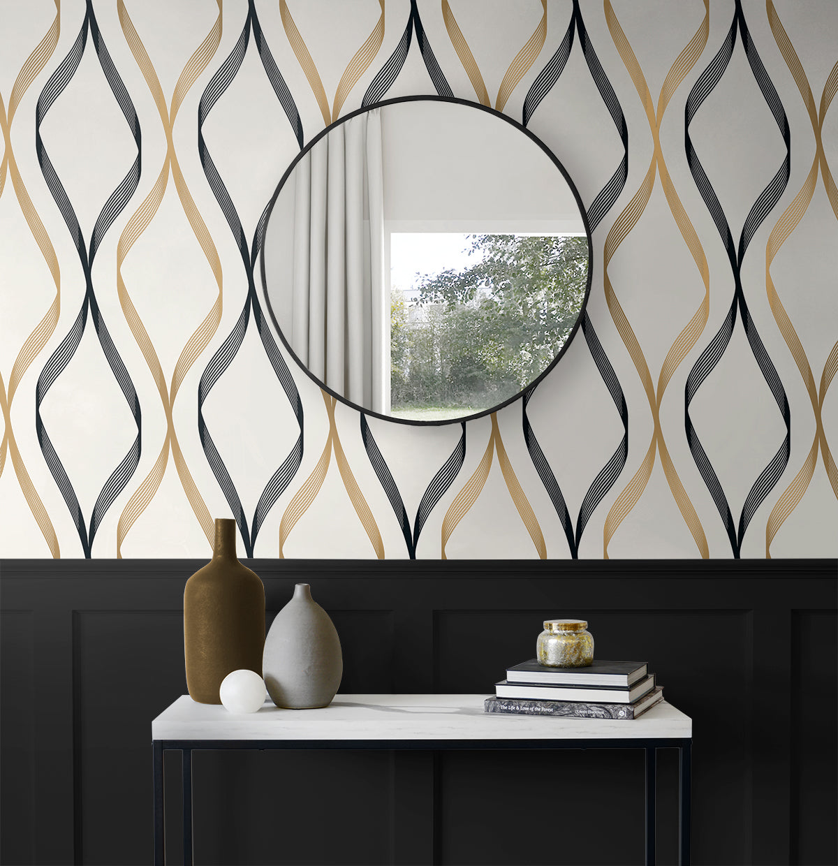 Wave Ogee Metallic Gold & Ebony by Etten Studios Online Geometric Wallpaper – Etten Studios ET11806