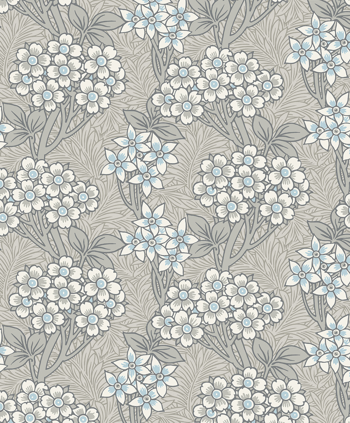 Vintage floral vine wallpaper in grey with Carolina blue and off-white blossoms, matte finish.