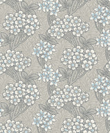 Vintage floral vine wallpaper in grey with Carolina blue and off-white blossoms, matte finish.