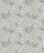 Vintage floral vine wallpaper in grey with Carolina blue and off-white blossoms, matte finish.