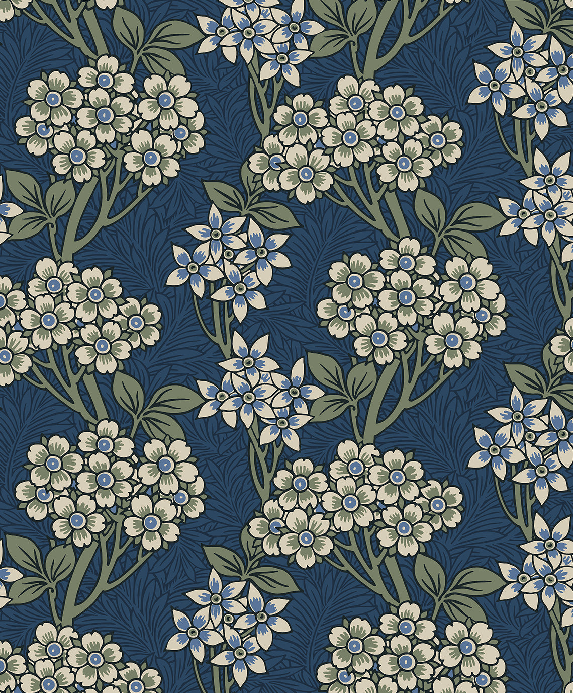 Floral Vine wallpaper in Blue Jay & Sage with vintage floral vines on a deep blue ground