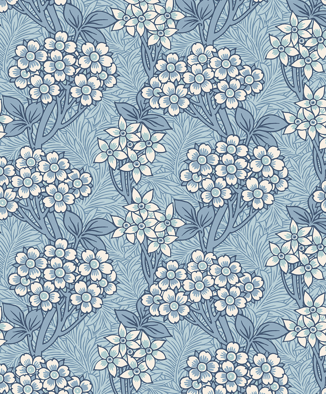 Sky blue vintage floral vine wallpaper with white blossoms and leafy branches