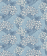 Sky blue vintage floral vine wallpaper with white blossoms and leafy branches