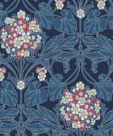 Floral Hydrangea wallpaper pattern in naval blue with raspberry and white hydrangea blooms