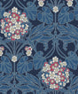Floral Hydrangea wallpaper pattern in naval blue with raspberry and white hydrangea blooms