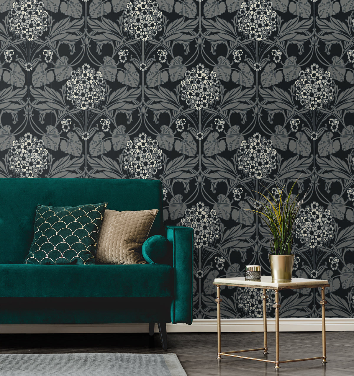 Floral Hydrangea Ebony & Charcoal by Legacy Prints Floral Wallpaper – Etten Studios ET12120