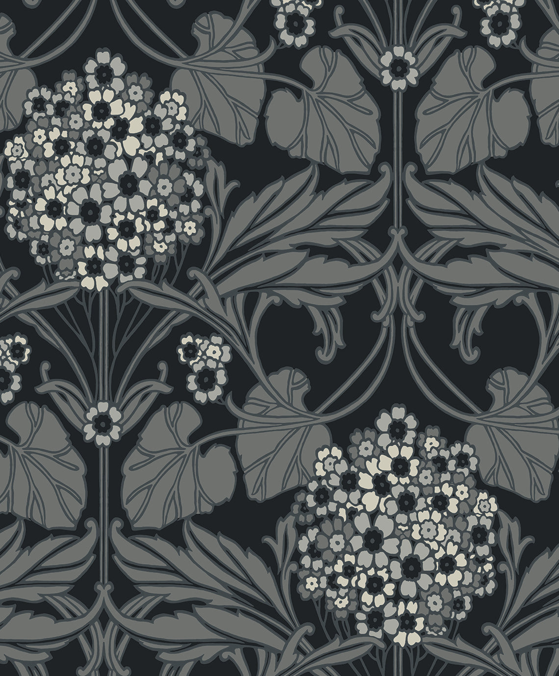 Floral Hydrangea wallpaper in ebony and charcoal floral vintage pattern