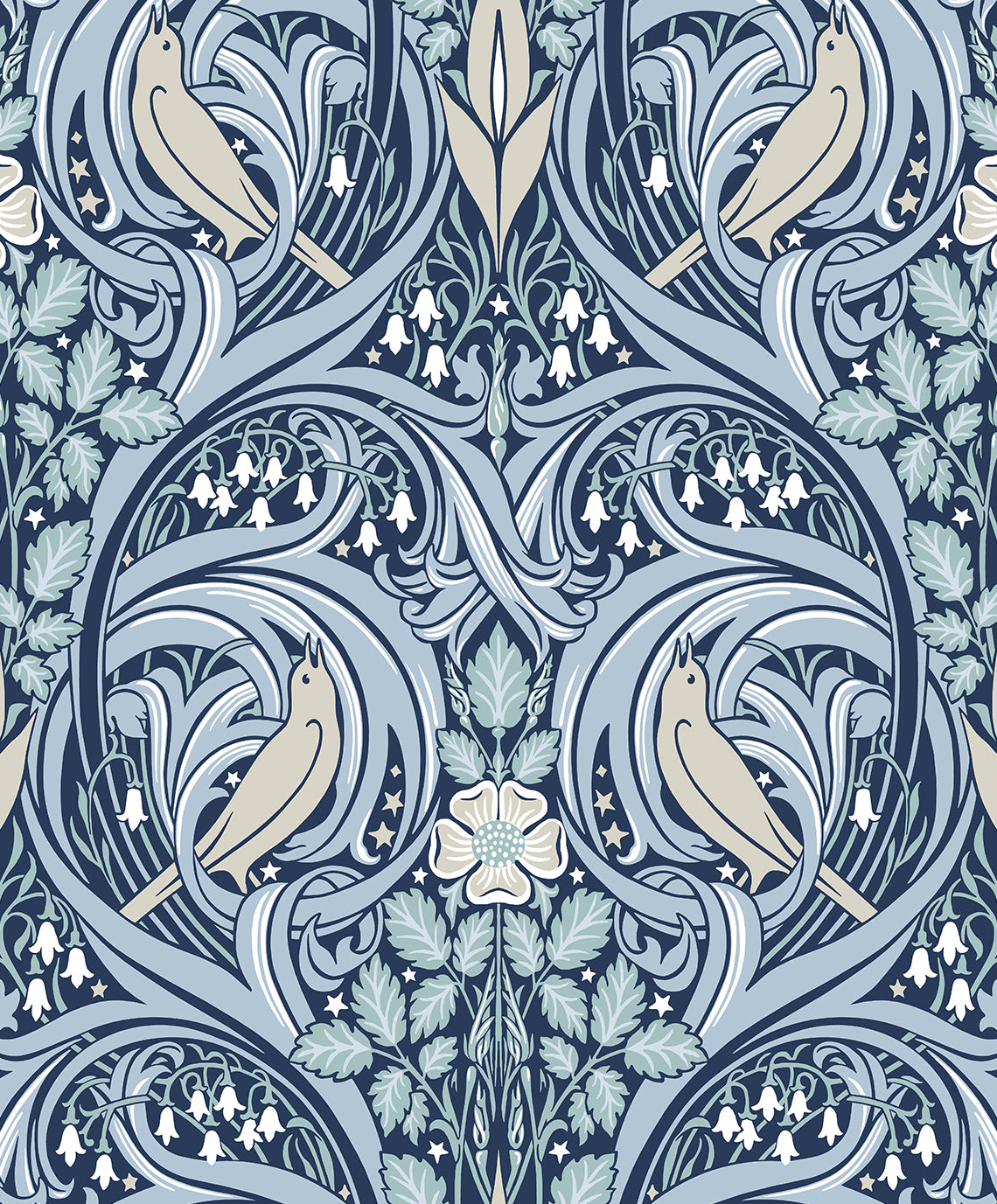 Bird Scroll wallpaper in denim and blue mist with stylized birds and scrolling botanical motifs