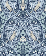 Bird Scroll wallpaper in denim and blue mist with stylized birds and scrolling botanical motifs