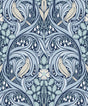 Bird Scroll wallpaper in denim and blue mist with stylized birds and scrolling botanical motifs