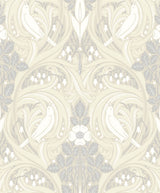 Bird Scroll wallpaper in Swiss Coffee and Grey with vintage botanical scrollwork and birds