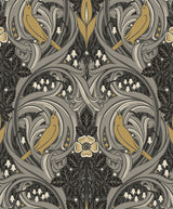 Bird Scroll wallpaper pattern in charcoal grey with goldenrod birds and scrolling botanical motifs
