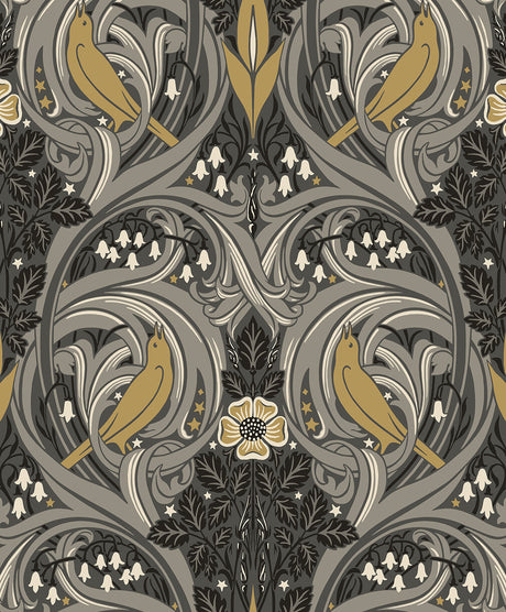 Bird Scroll wallpaper pattern in charcoal grey with goldenrod birds and scrolling botanical motifs