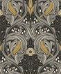 Bird Scroll wallpaper pattern in charcoal grey with goldenrod birds and scrolling botanical motifs
