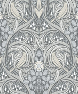 Vintage bird and botanical scroll wallpaper in grey and linen tones