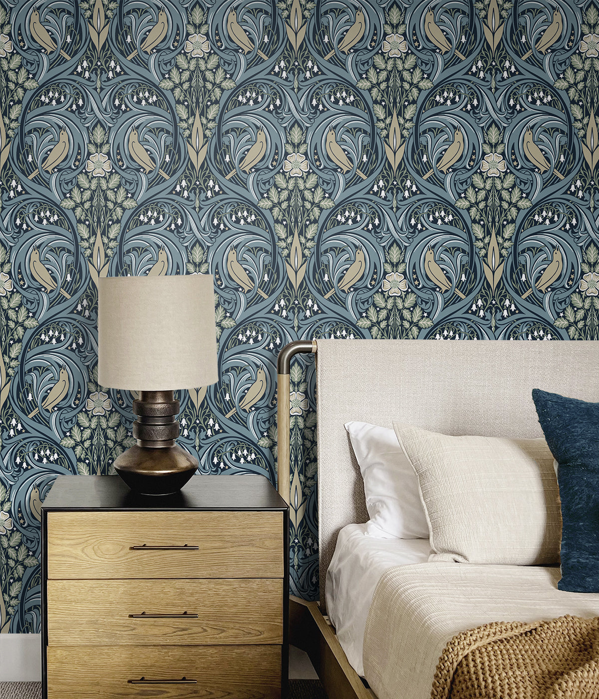 Bird Scroll Navy and Beige by Legacy Prints Botanical Bird Scroll Wallpaper – Etten Studios ET12212