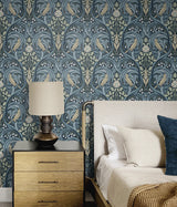 Bird Scroll Navy and Beige by Legacy Prints Botanical Bird Scroll Wallpaper – Etten Studios ET12212