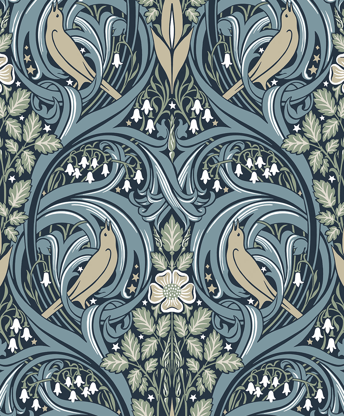 Bird Scroll wallpaper in navy and beige with vintage scrolling botanicals and birds