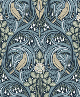 Bird Scroll wallpaper in navy and beige with vintage scrolling botanicals and birds