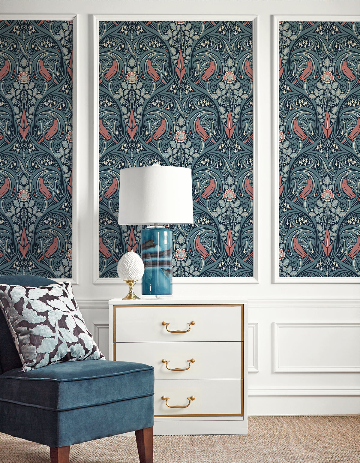 Bird Scroll Aegean Teal & Coral by Legacy Prints Botanical Wallpaper – Etten Studios ET12222