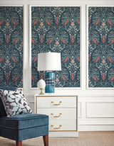 Bird Scroll Aegean Teal & Coral by Legacy Prints Botanical Wallpaper – Etten Studios ET12222