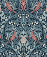Bird Scroll wallpaper in Aegean teal and coral with vintage scrolling botanicals and birds