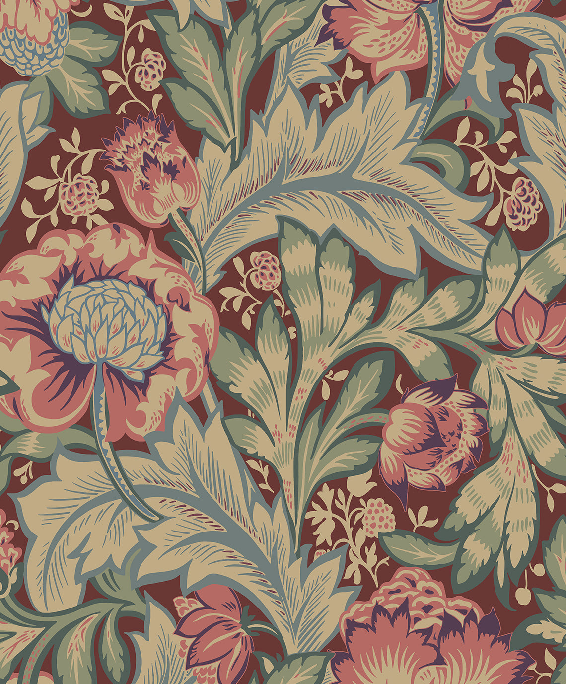 Acanthus Garden wallpaper in deep mauve and aegean blue with vintage botanical florals and acanthus leaves