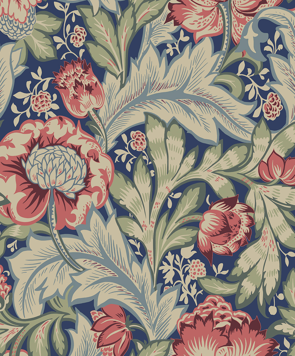 Acanthus Garden wallpaper pattern in Marine Blue & Watermelon with vintage botanical florals