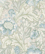 Acanthus Garden botanical wallpaper in powder blue and green mist with vintage floral foliage pattern.