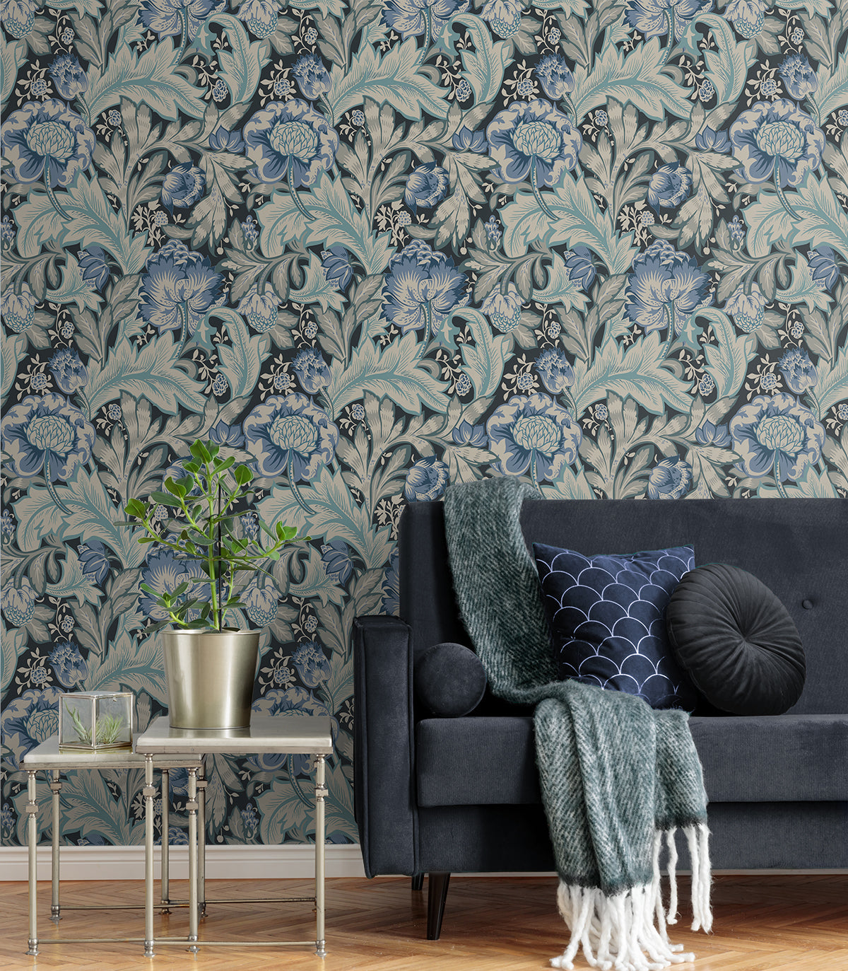 Acanthus Garden Bluestone & Golden by Legacy Prints Botanical Vintage Wallpaper – Etten Studios ET12312
