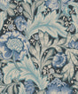 Acanthus Garden wallpaper in bluestone and golden tones with vintage botanical acanthus leaves and floral motifs on a dark ground.