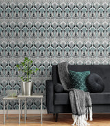 Dragonfly Damask Ebony & Aqua by Legacy Prints Vintage Damask Wallpaper – Etten Studios ET12404