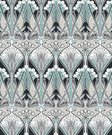 Dragonfly Damask wallpaper in ebony and aqua with an Art Nouveau style damask motif and matte finish